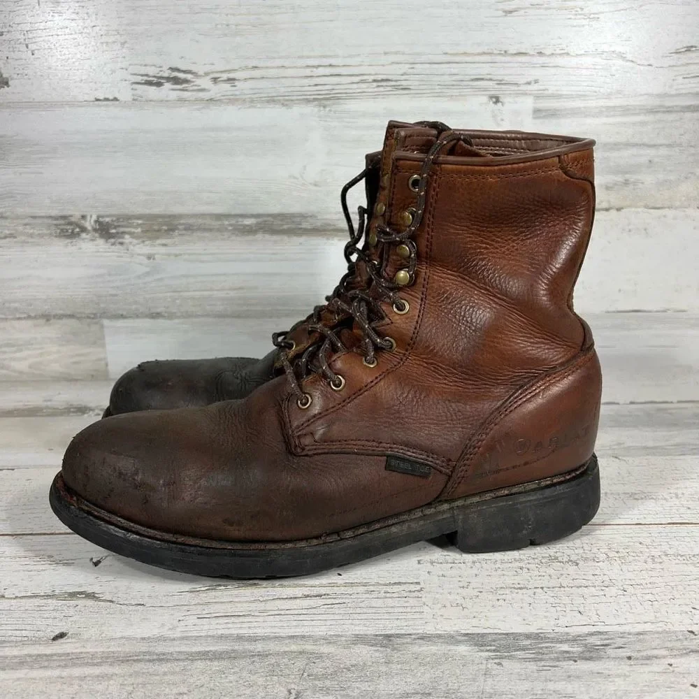 Arait Mens‎ Leather Lace Up Ankle Length Work Steel Toe Boots Brown Size 11
